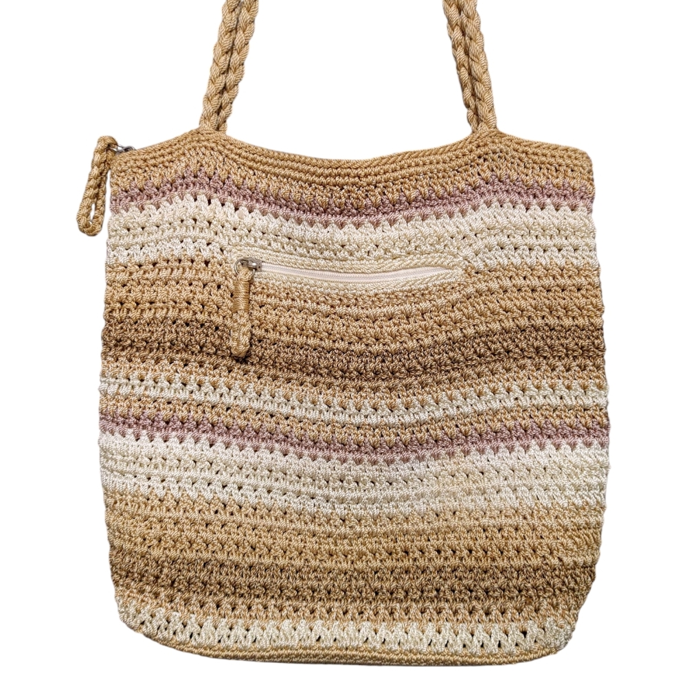 The Sak Beige Tan Pink Striped Knit Crochet Large Boho Tote Bag Handbag Purse - Picture 4 of 8
